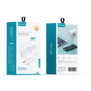 TUQIN QE30-C&I 60W GAN Φορτιστής Γρήγορης Φόρτισης με 2xΘύρες USB-C & 1x Θύρα USB-A με Καλώδιο Type-C σε Lightning 1m - Χρώμα: Λευκό
