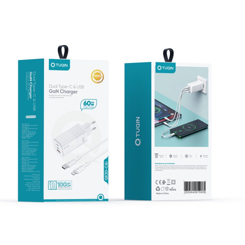 TUQIN QE30-C&I 60W GAN Φορτιστής Γρήγορης Φόρτισης με 2xΘύρες USB-C & 1x Θύρα USB-A με Καλώδιο Type-C σε Lightning 1m - Χρώμα: Λευκό
