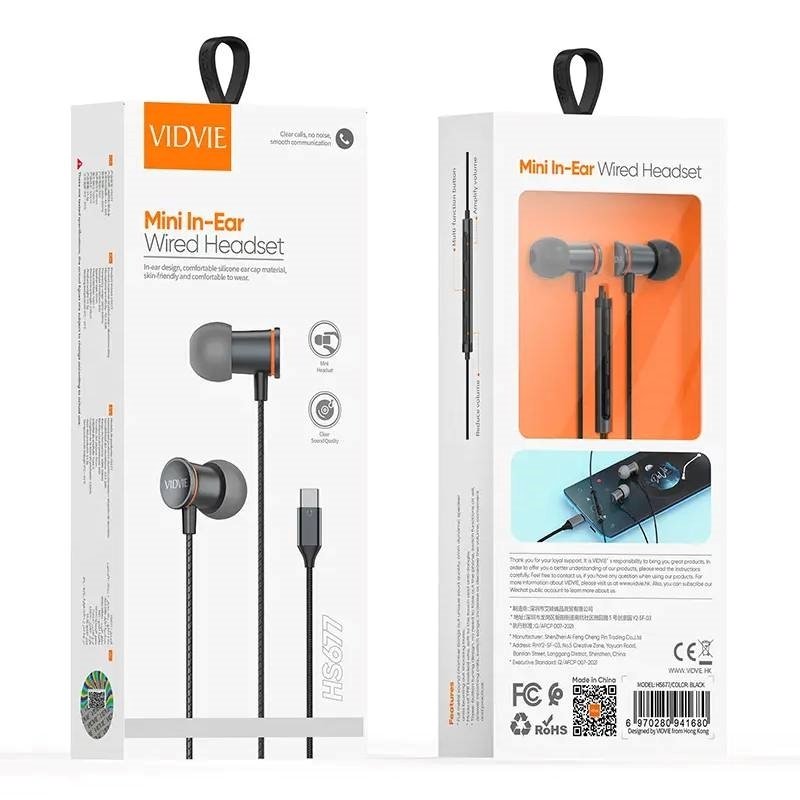 VIDVIE HS677 Handsfree Ακουστικά με Βύσμα Type-C & Ενσωματωμένο Μικρόφωνο & Κουμπί Αύξησης/Μείωσης Έντασης Ήχου - Χρώμα: Μαύρο VIDVIE HS677 Handsfree Ακουστικά με Βύσμα Type-C & Ενσωματωμένο Μικρόφωνο & Κουμπί Αύξησης/Μείωσης Έντασης Ήχου - Χρώμα: Μαύρο