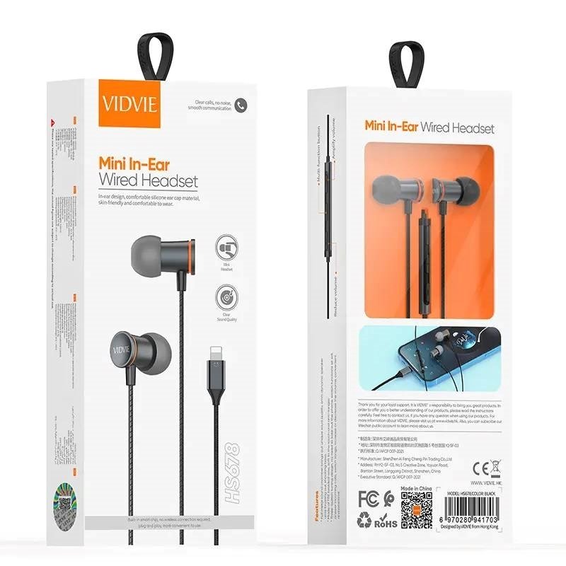 VIDVIE HS678 Handsfree Ακουστικά με Βύσμα Lightning & Ενσωματωμένο Μικρόφωνο & Κουμπί Αύξησης/Μείωσης Έντασης Ήχου - Χρώμα: Μαύρο