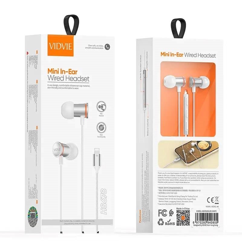 VIDVIE HS678 Handsfree Ακουστικά με Βύσμα Lightning & Ενσωματωμένο Μικρόφωνο & Κουμπί Αύξησης/Μείωσης Έντασης Ήχου - Χρώμα: Λευκό VIDVIE HS678 Handsfree Ακουστικά με Βύσμα Lightning & Ενσωματωμένο Μικρόφωνο & Κουμπί Αύξησης/Μείωσης Έντασης Ήχου - Χρώμα: Λευκό