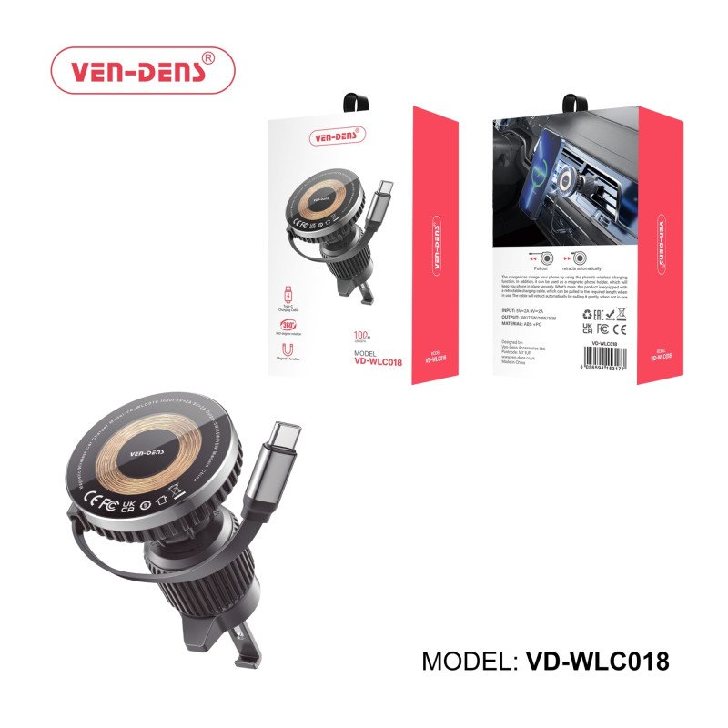 VEN-DENS VD-WLC018 Μαγνητική Βάση Κινητού Αυτοκινήτου με Καλώδιο Φόρτισης Type-C 1m - Χρώμα: Μαύρο