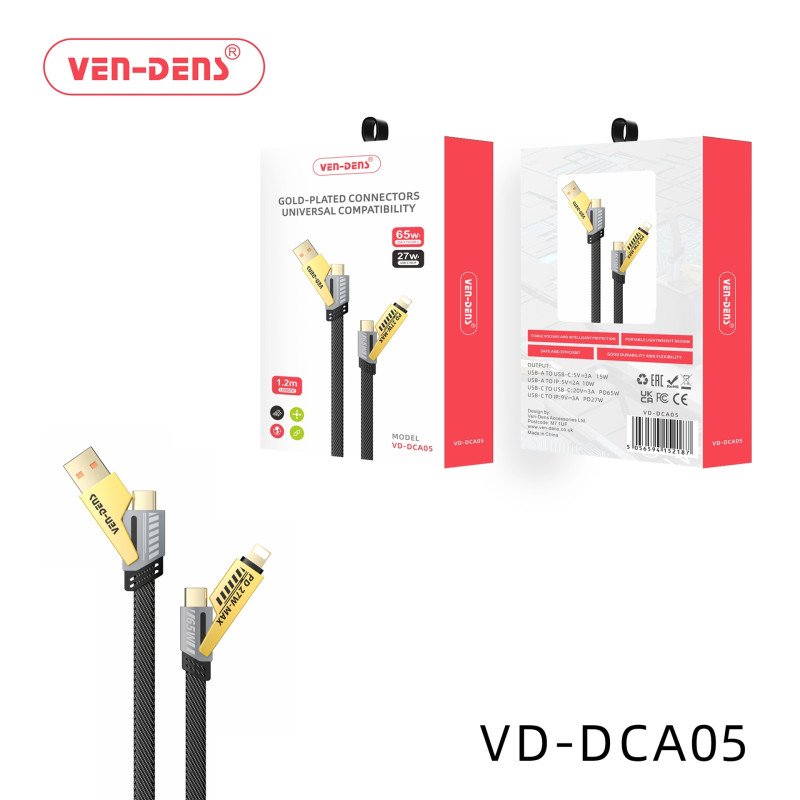 VEN-DENS VD-DCA05 65W Επιχρυσωμένο Καλώδιο Φόρτισης & Μεταφοράς Δεδομένων 4-σε-1 (1.2m) - Χρώμα: Μαύρο