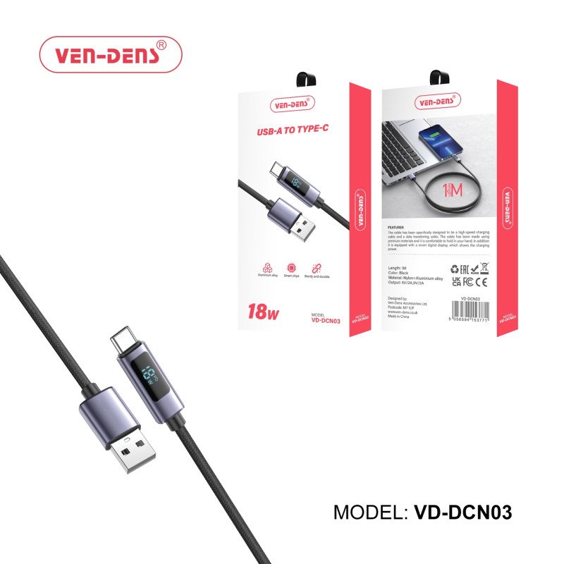 VEN-DENS VD-DCN03 18W Καλώδιο Φόρτισης & Μεταφοράς Δεδομένων με Οθόνη - LCD - USB-A σε Type-C 1m - Χρώμα: Μαύρο