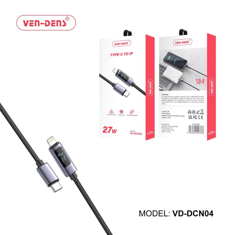 VEN-DENS VD-DCN04 27W Καλώδιο Φόρτισης & Μεταφοράς Δεδομένων με Οθόνη - LCD - USB-C σε Lightning (1m) - Χρώμα: Μαύρο