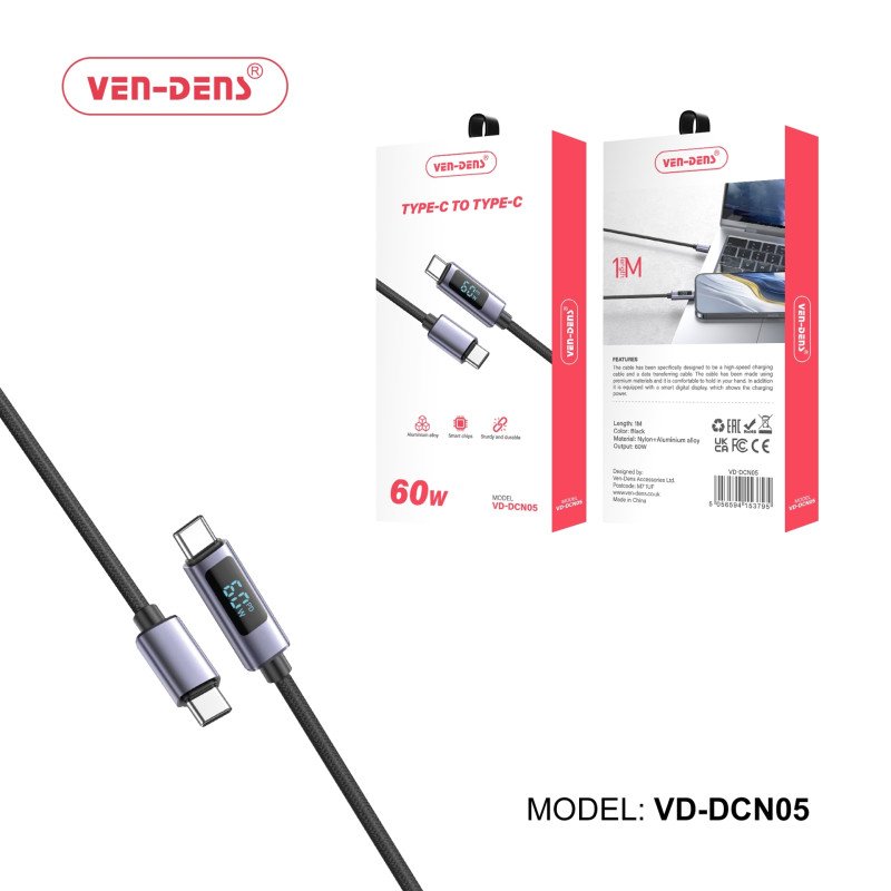 VEN-DENS VD-DCN05 60W Καλώδιο Φόρτισης & Μεταφοράς Δεδομένων με Οθόνη - LCD - USB-C σε USB-C (1m) - Χρώμα: Μαύρο