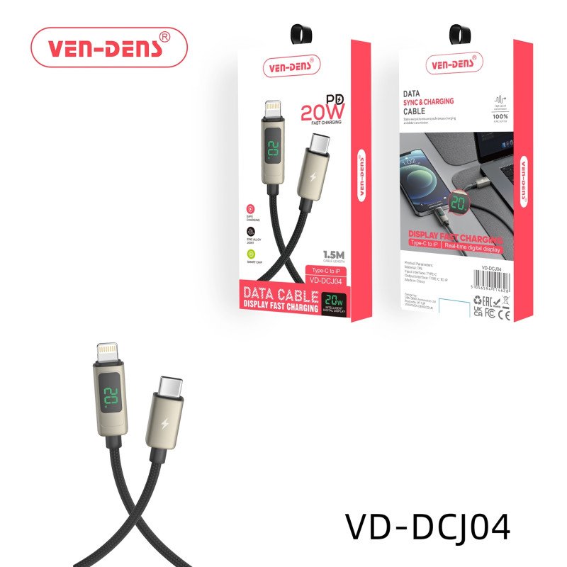 VEN-DENS VD-DCJ04 20W Καλώδιο Φόρτισης & Μεταφοράς Δεδομένων με Οθόνη - LCD - USB-C σε Lightning (1.5m) - Χρώμα: Μαύρο