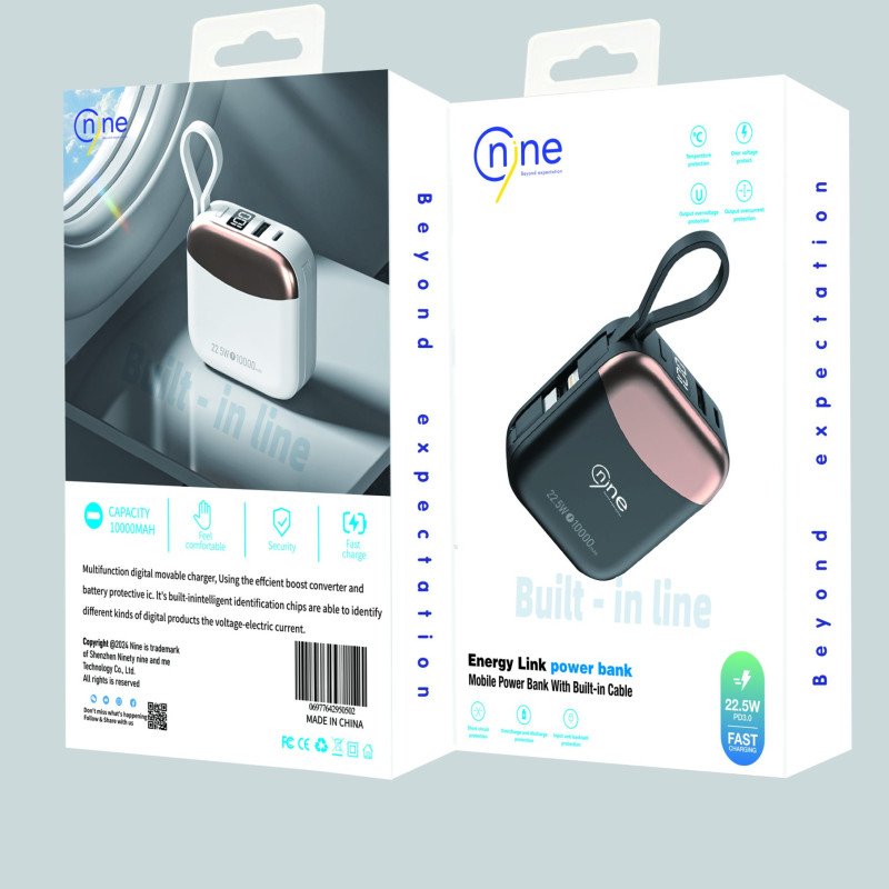 NINE R56J 22.5W Mini Power Bank Γρήγορης Φόρτισης με Καλώδια Type-C & Lightning 10000mAh - Χρώμα: Μαύρο