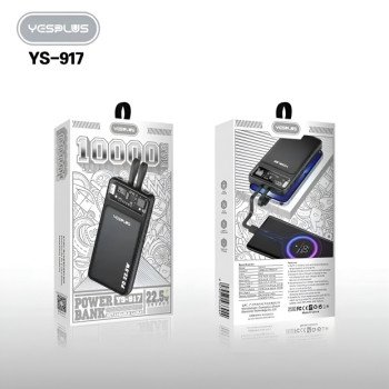 YESPLUS YS-917 22.5W Power Bank με Θύρες 2 Εξόδους & 2 Εισόδους με Ενσωματωμένα Καλώδια 10000mAh - Χρώμα: Μαύρο