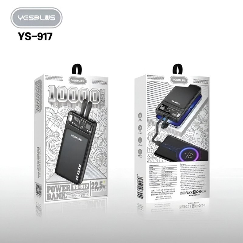 YESPLUS YS-917 22.5W Power Bank με Θύρες 2 Εξόδους & 2 Εισόδους με Ενσωματωμένα Καλώδια 10000mAh - Χρώμα: Μαύρο