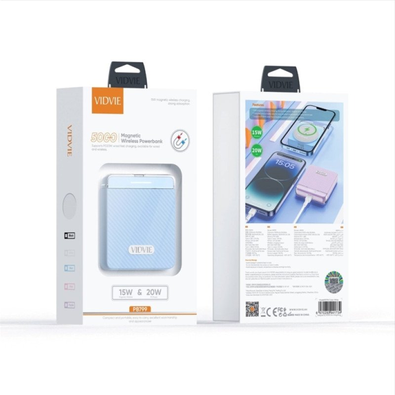 VIDVIE PB799 Power Bank 15W Ασύρματης Φόρτισης με PD 20W Θύρα USB-C 5000mAh - Χρώμα: Μπλε