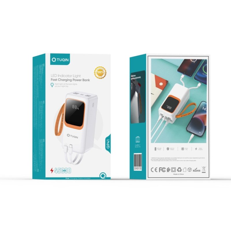 TUQIN QP41 Power Bank 45000mAh με Γρήγορη Φόρτιση με 2 Καλώδια Type-C & Lightning - Χρώμα: Λευκό