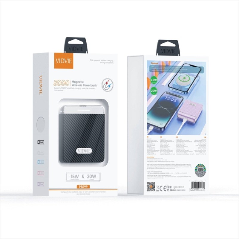 VIDVIE PB799 Power Bank 15W Ασύρματης Φόρτισης με PD 20W Θύρα USB-C 5000mAh - Χρώμα: Μαύρο