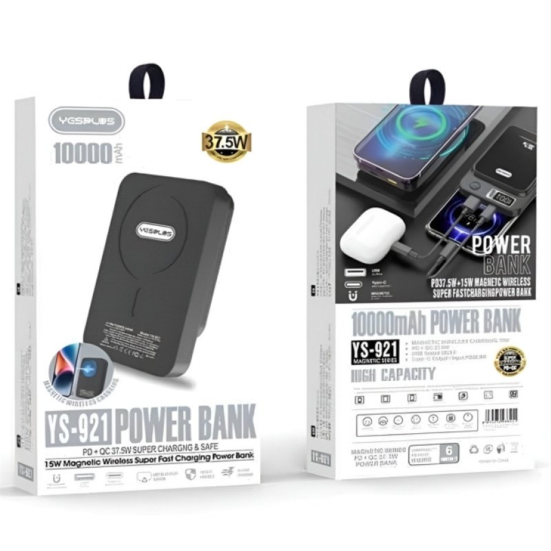 YESPLUS YS-921 PowerBank με 15W Ασύρματη Φόρτιση & PD 37.5W 2x Θύρες Εξόδους 10000mAh - Χρώμα: Μαύρο