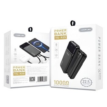 YESPLUS YS-925 LCD Display Quick Charge 22.5W PowerBank με 2x Θύρες USB-C & 1x Θύρα USB-A με Ενσωματωμένα Καλώδια 10000mAh - Χρώμα: Μαύρο