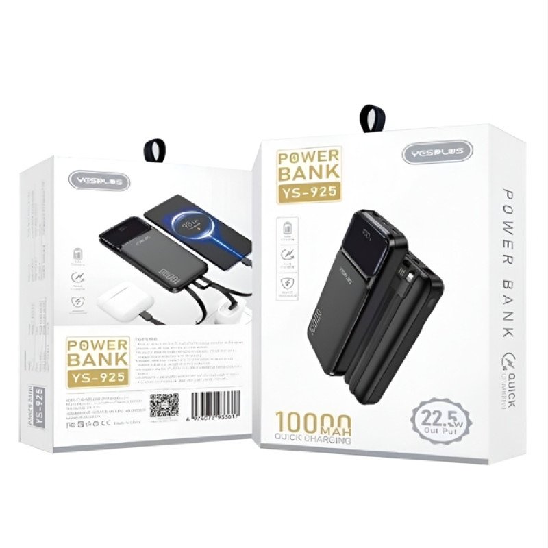 YESPLUS YS-925 LCD Display Quick Charge 22.5W PowerBank με 2x Θύρες USB-C & 1x Θύρα USB-A με Ενσωματωμένα Καλώδια 10000mAh - Χρώμα: Μαύρο