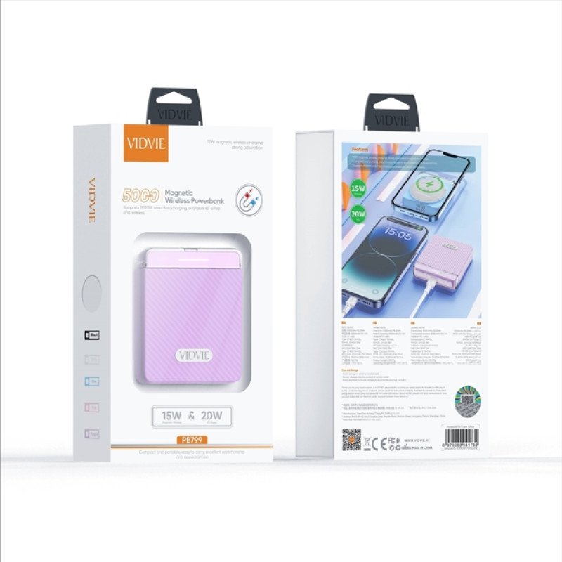 VIDVIE PB799 Power Bank 15W Ασύρματης Φόρτισης με PD 20W Θύρα USB-C 5000mAh - Χρώμα: Μωβ