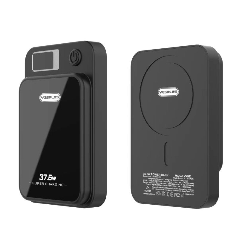 YESPLUS YS-921 PowerBank με 15W Ασύρματη Φόρτιση & PD 37.5W 2x Θύρες Εξόδους 10000mAh - Χρώμα: Μαύρο