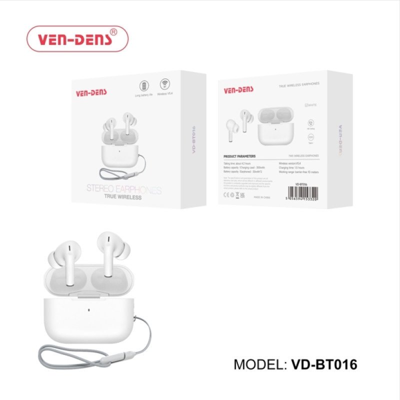VEN-DENS VD-BT016 Ασύρματα Bluetooth Ακουστικά με Θήκη Φόρτισης True Wireless Stereo Earbuds - Χρώμα: Λευκό