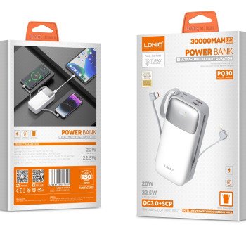 LDNIO PQ30 PD 20W PowerΒank Γρήγορης Φόρτισης με 1 Εισόδους & 4 Εξόδους με USB-C/Lightning Καλώδια 30000mAh - Χρώμα: Λευκό
