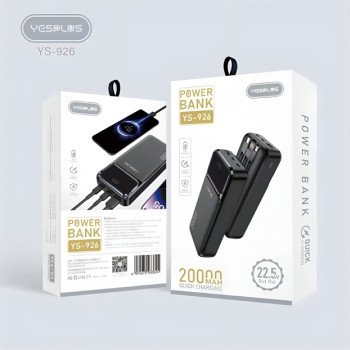 YESPLUS YS-926 LCD Display Quick Charge 22.5W Power Bank 20000mAh με 2x Θύρες USB-C & 1x Θύρα USB-A με Ενσωματωμένα Καλώδια - Χρώμα: Μαύρο