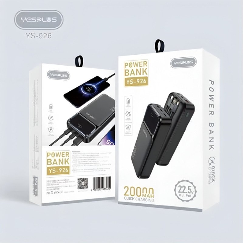 YESPLUS YS-926 LCD Display Quick Charge 22.5W Power Bank 20000mAh με 2x Θύρες USB-C & 1x Θύρα USB-A με Ενσωματωμένα Καλώδια - Χρώμα: Μαύρο
