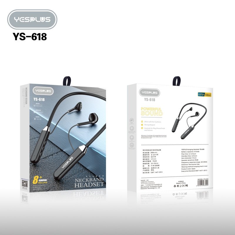 YESPLUS YS-618 Powerful Μαγνητικά Aσύρματα Bluetooth Ακουστικά - Χρώμα: Μαύρο