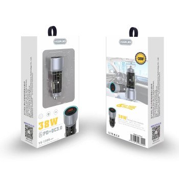 YESPLUS YS-1208 Διπλός LED Φορτιστής Αυτοκινήτου με Υποδοχή Type-C & USB-A 38W - Χρώμα: Ασημί