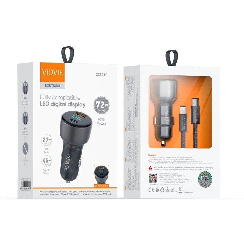 VIDVIE CC521C Φορτιστής Αυτοκινήτου με 27W Θύρα USB-A & 45W Θύρα USB Type-C Χωρίς Καλώδιο - Χρώμα: Μαύρο