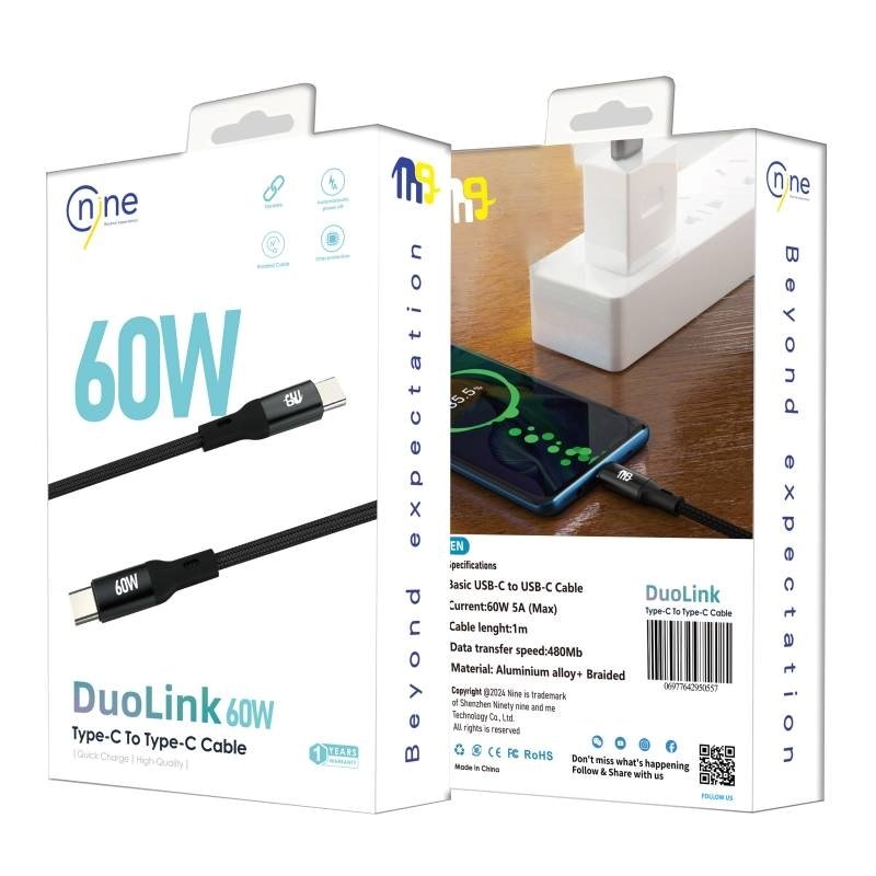 NINE 60W Duolink Καλώδιο Φόρτισης & Μεταφοράς Δεδομένων Type-C σε Type-C - Χρώμα: Μαύρο