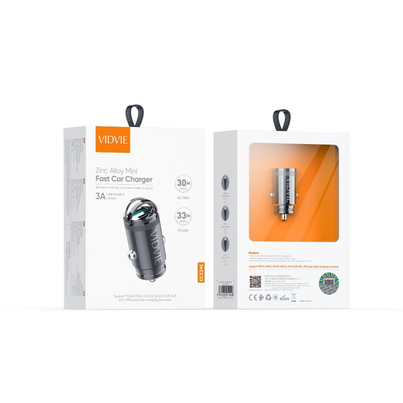 VIDVIE CC524C-i Φορτιστής Αυτοκινήτου με 33W Θύρα USB-A & 30W Θύρα USB Type-C με Καλώδιο Lightning - Χρώμα: Μαύρο