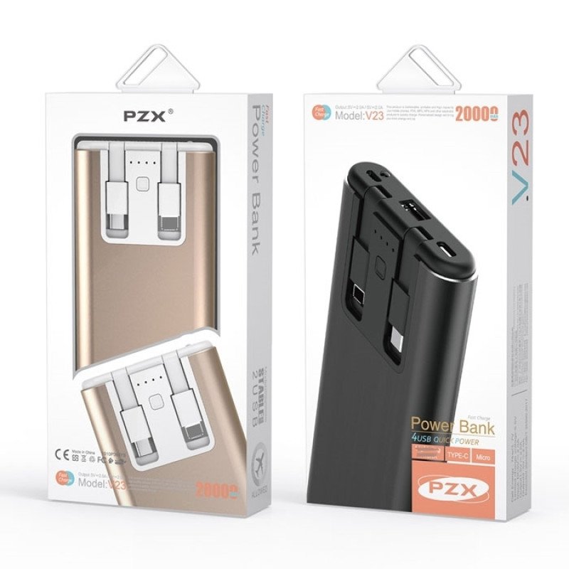 PZX V23 Power Bank 20000Mah με Διπλά Καλώδια Ενσωματωμένα σε Type C και Lightning Cables - Χρώμα: Χρυσό