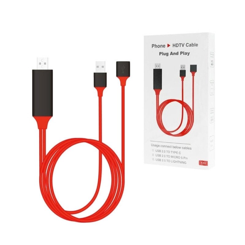Καλώδιο ET-S8 3 σε 1 Micro USB/Type-C/Lightning Phone to HDTV Adapter Cable 1m - Χρώμα: Κόκκινο