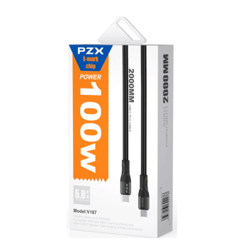 Pzx V187 New Design 2M E-MARK Nylon Cable 100W Fast Charging For Laptop - Χρώμα: Μαύρο Pzx V187 New Design 2M E-MARK Nylon Cable 100W Fast Charging For Laptop - Χρώμα: Μαύρο