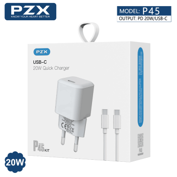 PZX P45 PD Fast Charging Φορτιστής SmartPhone με 1 Θύρα Type-C & Καλώδιο Type-C σε Type-C 20W - Χρώμα: Λευκό PZX P45 PD Fast Charging Φορτιστής SmartPhone με 1 Θύρα Type-C & Καλώδιο Type-C σε Type-C 20W - Χρώμα: Λευκό