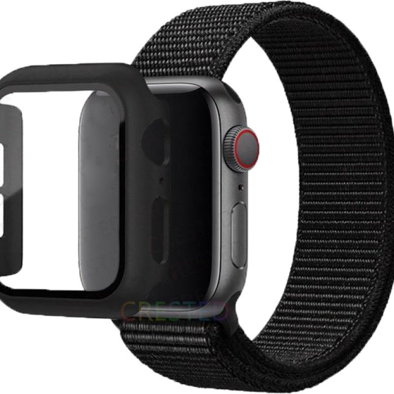 Υφασμάτινο Λουράκι & Θήκη με Τζαμάκι για Apple Watch 45mm - Χρώμα: Μαύρο