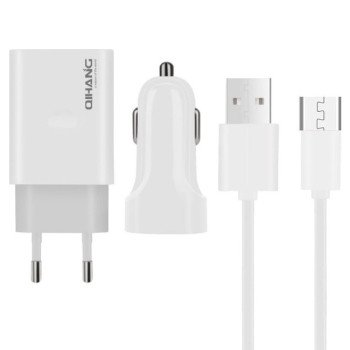 QIHANG QH-Z14 Σετ Αυτοκίνητου και Πρίζας με Θύρα USB-A και Καλώδιο micro USB - Χρώμα: Λευκό