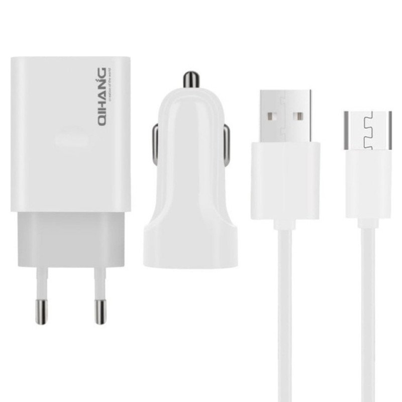 QIHANG QH-Z14 Σετ Αυτοκίνητου και Πρίζας με Θύρα USB-A και Καλώδιο micro USB - Χρώμα: Λευκό
